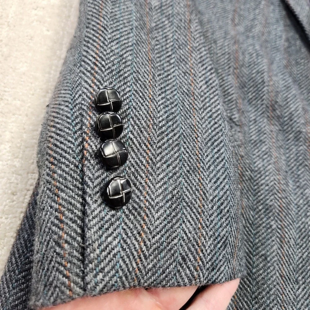 Vintage Herringbone Tweed Blazer Men 44L Leather Button Gray Wool‎ Sport Coat